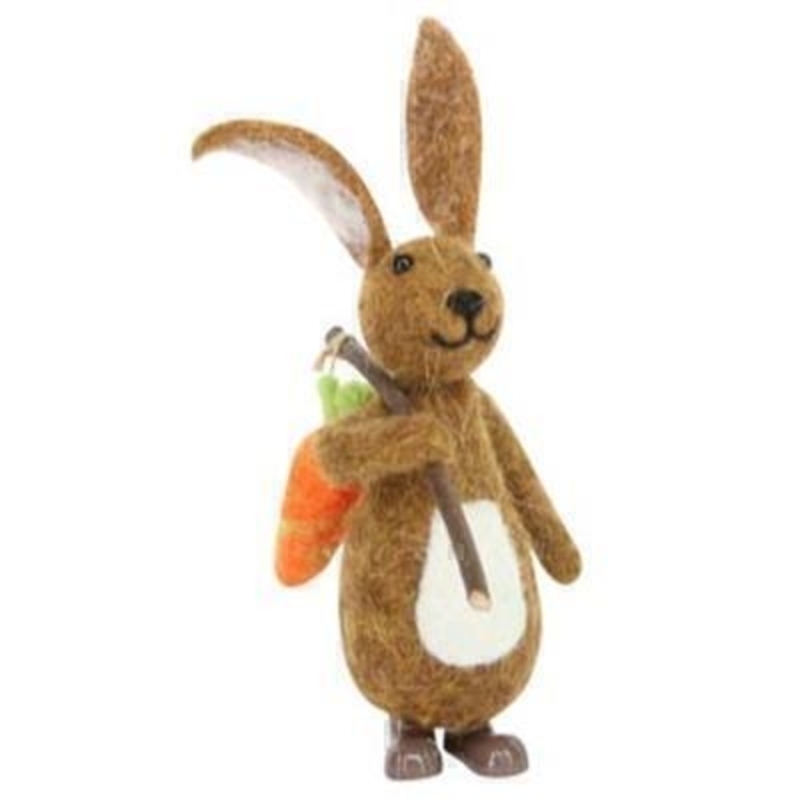 Cute wool Easter bunny rabbit with a carrot on twig by the designer Gisela Graham who designs unique Easter decorations. (LxWxD) 19x9x13cm